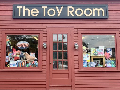 Chapman's Toy Room door with the words in gold The Toy Room above the door. Toys can be seen through the windows.
